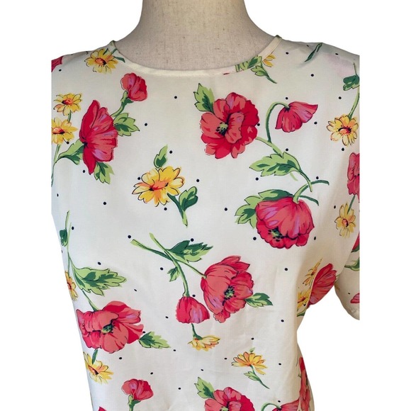 Secretary‎ Top Short Sleeve Blouse Silky Soft 12 Large Poppies Daisies Vintage - Picture 2 of 3